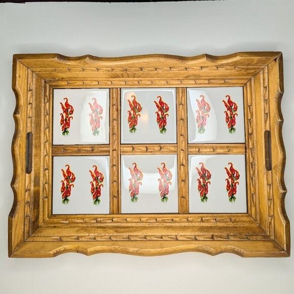 Vintage MCM large wood carved serving tray ceramic tile chili pepper 14" x 19" - Picture 1 of 4